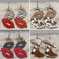 Valentine's Day Earrings Lips Contrast Western Denim Boots Leopard Print Wood Earrings