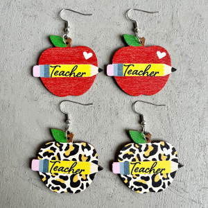 Valentine's Day Teacher's Day Wooden Earrings Printed Leopard Apple Earrings