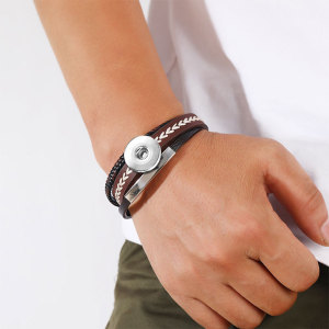 20MM Snaps button jewelry wholesale Simple embroidery woven stainless steel geometric leather bracelet
