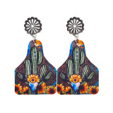 Western Jeans Distressed Cactus Leather Earrings Alloy Earrings Double Sided Print