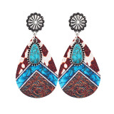 Western denim leopard print alloy turquoise leather earrings alloy stud print