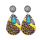 Western denim leopard print alloy turquoise leather earrings alloy stud print