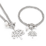 Stainless steel OT buckle life tree double layer bracelet necklace set