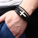 21CM braided leather bracelet with manual magnetic clasp Cross gold stainless steel bracelet