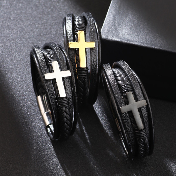 21CM braided leather bracelet with manual magnetic clasp Cross gold stainless steel bracelet