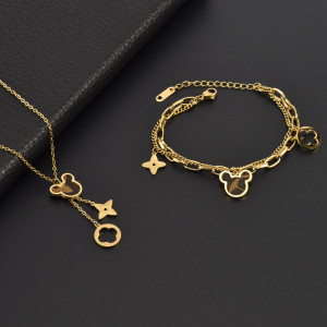 Stainless steel leather Mickey pendant necklace bracelet earrings