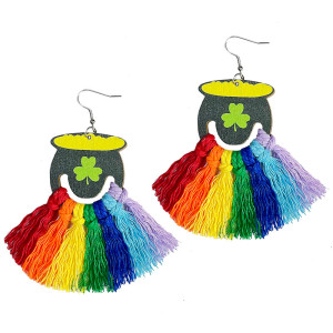 St. Patrick's Day Earrings Rainbow Lucky Grass Woven Gold Wood Print Handmade Tassel Earrings