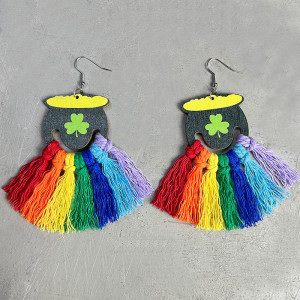 St. Patrick's Day Earrings Rainbow Lucky Grass Woven Gold Wood Print Handmade Tassel Earrings