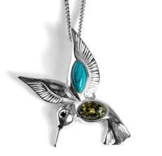 Metal Hummingbird Amber Pendant Personality Inlaid Turquoise Necklace