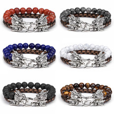 Natural stone beads leather rope double layer bracelet alloy bibcock bracelet