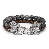 Natural stone beads leather rope double layer bracelet alloy bibcock bracelet