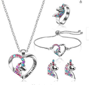 Unicorn Colorful Heart shaped Pony Pendant Necklace Bracelet Earnail Ring