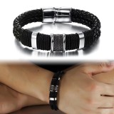 Men's woven stainless steel leather bracelet Double magnet clasp bracelet