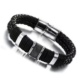 Men's woven stainless steel leather bracelet Double magnet clasp bracelet