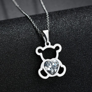 Stainless steel hollow love zircon bear pendant necklace
