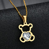 Stainless steel hollow love zircon bear pendant necklace