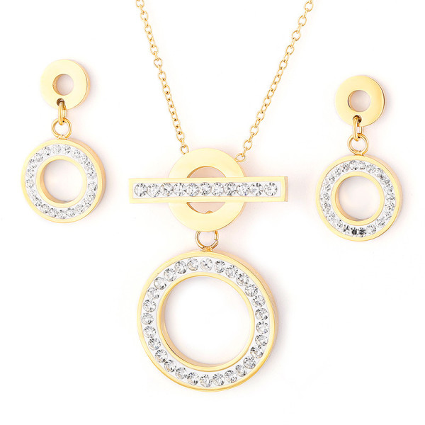 Stainless steel circle full diamond earring necklace set