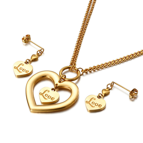 Stainless steel hollowed-out heart-shaped LOVE necklace+two sets of earrings