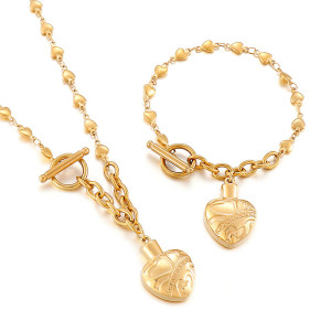 Stainless steel heart-shaped T-shaped buckle bracelet necklace set