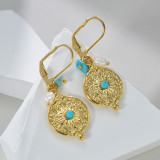 Stainless steel gold round brand diamond turquoise eye earrings