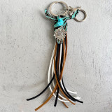 Keychain embossed leather cow-head leather fringed turquoise sunflower ornament genuine leather