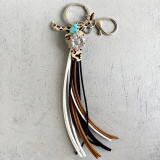 Keychain embossed leather cow-head leather fringed turquoise sunflower ornament genuine leather