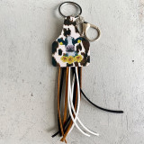 Western style leather key chain, sun flower, leopard pattern, cow brand leather tassel handmade jewelry
