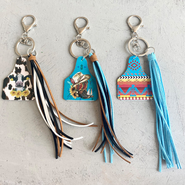 Western style leather key chain, sun flower, leopard pattern, cow brand leather tassel handmade jewelry