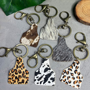 Western denim texture leather long hair leopard pattern cow mixed color leather key chain pendant