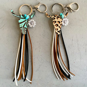 Keychain embossed leather cow-head leather fringed turquoise sunflower ornament genuine leather