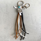 Keychain embossed leather cow-head leather fringed turquoise sunflower ornament genuine leather