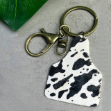 Western denim texture leather long hair leopard pattern cow mixed color leather key chain pendant