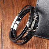 21CM anchor Stainless steel genuine leather woven bracelet