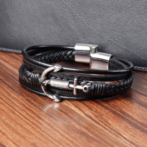 21CM anchor Stainless steel genuine leather woven bracelet