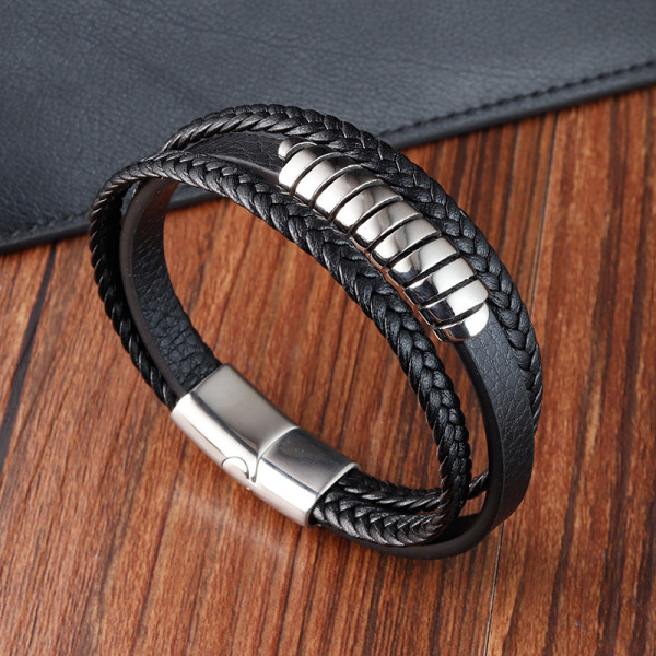 21CM Stainless steel genuine leather woven bracelet