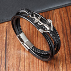 21CM anchor Stainless steel genuine leather woven bracelet