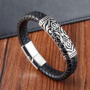 21CM Stainless steel genuine leather woven bracelet