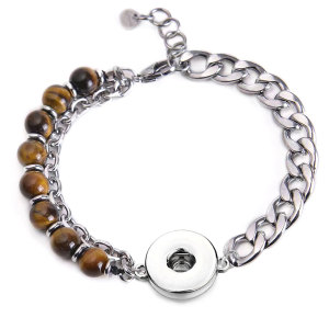 Map Stone Tiger Eye Stone Volcanic Stone Stainless Steel Splice Double Bracelet 18MM Snaps button jewelry wholesale