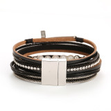 Cross multi-layer Bohemian leather bracelet pearl inlaid diamond magnetic clasp bracelet