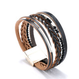 Fashion leather woven bracelet magnetic buckle bohemian bead chain