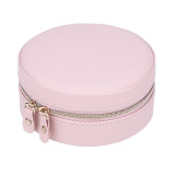 Round portable jewelry box PU leather double layer with mirror zipper jewelry ring storage box