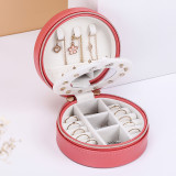 Round portable jewelry box PU leather double layer with mirror zipper jewelry ring storage box