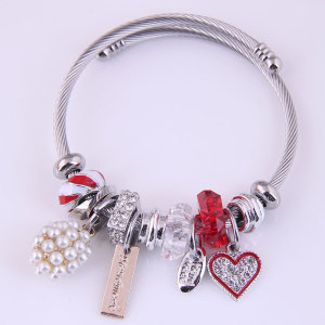 Stainless steel wire pearl bracelet bracelet hand beaded crystal full diamond heart adjustable size