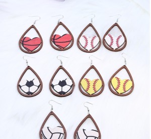 Wood print ball sports love baseball basketball football earrings