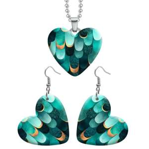 10 styles love resin Two-piece set stainless steel Painted Green pattern Love shape Earring Bead chain pendant