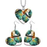 10 styles love resin Two-piece set stainless steel Painted Green maple leaves pattern Love shape Earring Bead chain pendant