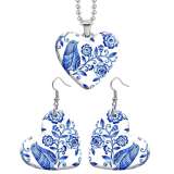 10 styles love resin Two-piece set stainless steel Painted Blue Flower  pattern Love shape Earring Bead chain pendant