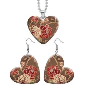 10 styles love resin Two-piece set stainless steel Painted Flower pattern Love shape Earring Bead chain pendant