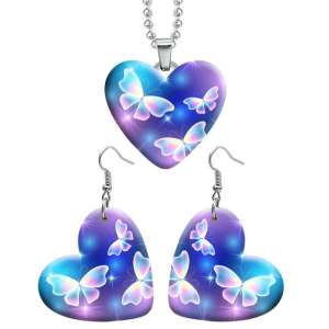 10 styles love resin Two-piece set stainless steel Painted Butterfly pattern Love shape Earring Bead chain pendant