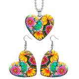 10 styles love resin Two-piece set stainless steel Painted Flower pattern Love shape Earring Bead chain pendant